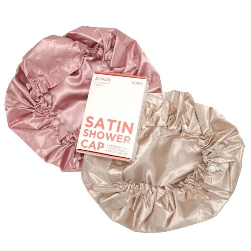 Photo 1 of Satin Shower Cap in Champagne & Blush Frizz Steam Proof Perfect Fit 2 Pack