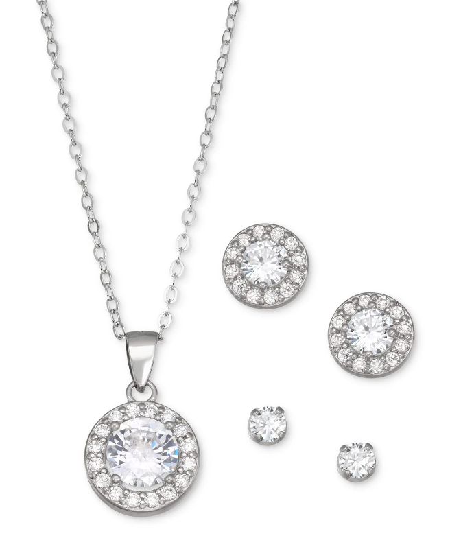 Photo 1 of GIANI BERNINI Cubic Zirconia 3-Pc. Set Pendant Necklace & Stud Earrings in Sterling Silver, Set in sterling silver
Approx. necklace length: 18"; approx. drop: 1/2". Lobster clasp closure; cable link chain. Approx. earring diameters: 1/8" & 1/4"
Post back 