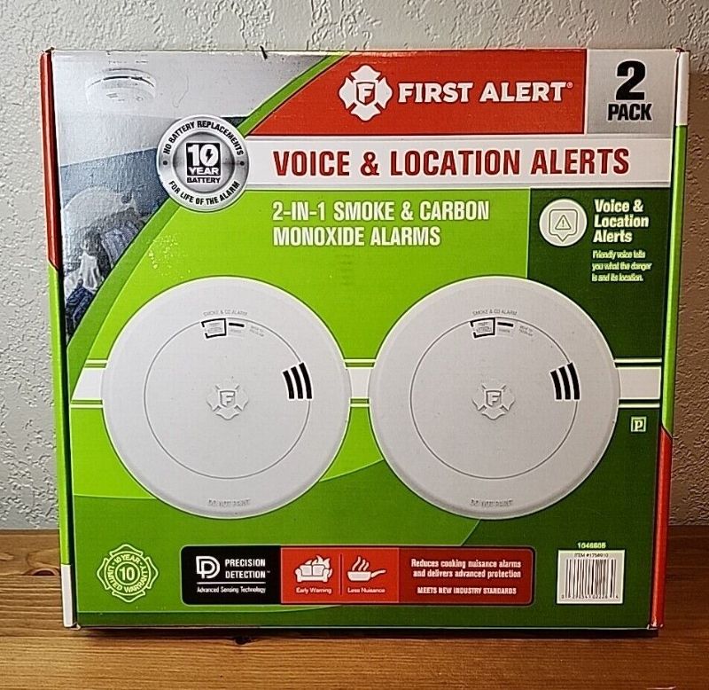 Photo 1 of First Alert 2-in-1 Smoke & Carbon Monoxide Alarms 2-Pack Voice & Location Alerts. Product Type: Combination Smoke Carbon Monoxide Detectors. Slim profile design is half the depth of a standard alarm. Test/silence button for efficient testing to ensure ala