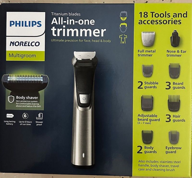 Photo 1 of Philips Norelco Multigroom 9000 Titanium Blades, All-in-one Trimmer . Features: Ultimate Precision for Face, Head & Body. 18 Tools and Accessories. Showerproof Full Steel Body with Advanced Titanium Blade Technology. PowerAdapt Sensor Auto-adjusts to Main