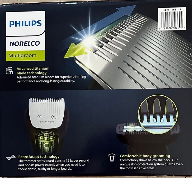 Photo 3 of Philips Norelco Multigroom 9000 Titanium Blades, All-in-one Trimmer . Features: Ultimate Precision for Face, Head & Body. 18 Tools and Accessories. Showerproof Full Steel Body with Advanced Titanium Blade Technology. PowerAdapt Sensor Auto-adjusts to Main