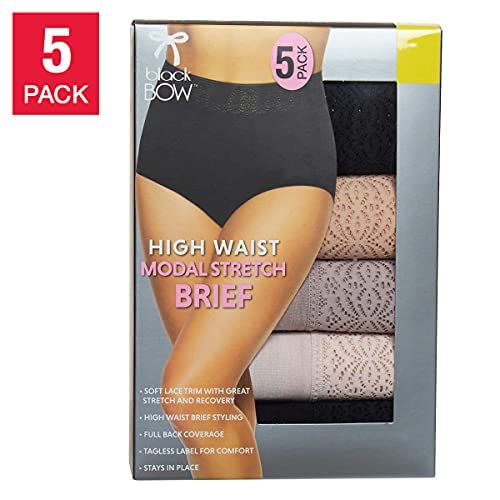 Photo 1 of SIZE 5 - Black Bow Womens 5-Pack High Waist Brief with Lace Small Black/Black/Warm Nude/Sphinx/Peach Blush