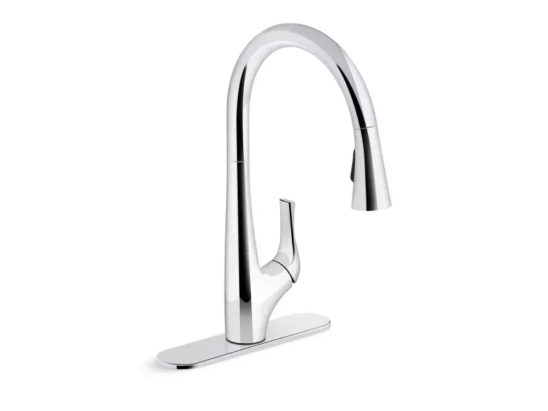 Photo 1 of Kohler Bevin Pull Down Kitchen Sink Faucet With Two Function Polished Chrome. Two-function pull-down sprayhead allows you to switch from aerated stream to Sweep® spray. • Sweep® spray features specially angled nozzles that form a wide, powerful blade of w