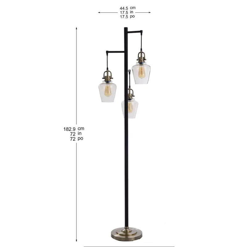 Photo 1 of Basia 3-Light Floor Lamp, Nickel or black Antique Brass Accents, 3 LED Bulbs. The Basia Lamp features three classically shaped, lantern styled lights measuring 6 inches in diameter. Each light is controlled by a central 4-way column switch located on the 