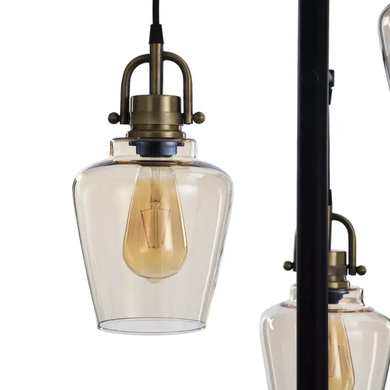 Photo 4 of Basia 3-Light Floor Lamp, Nickel or black Antique Brass Accents, 3 LED Bulbs. The Basia Lamp features three classically shaped, lantern styled lights measuring 6 inches in diameter. Each light is controlled by a central 4-way column switch located on the 