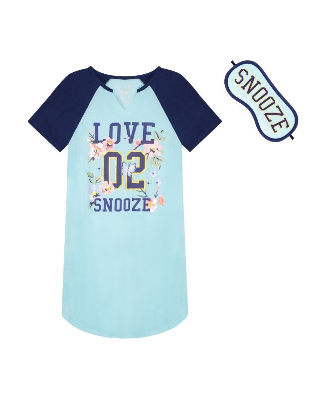 Photo 1 of SIZE S (6/6X) Little Girls Sleep Shirt and Eye Mask Pajama Set, 2 Piece - Turquoise.  The soft, cozy fabric in this Max and Olivia sleepwear will assure a good night sleep