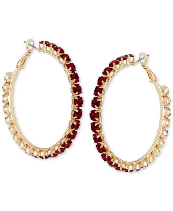 Photo 1 of Guess Gold-Tone Siam Red Stone Large Hoop Earrings, 2 - Red