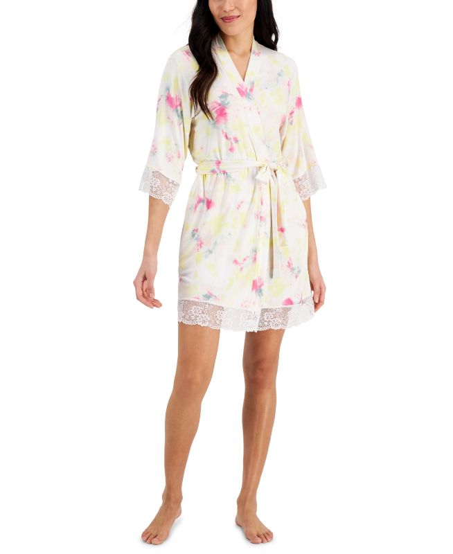 Photo 1 of SIZE LARGE - INC Lace Trim Short Wrap Robe, Created for Macy's - Mixed Tiedye