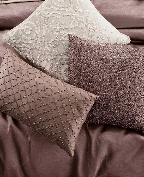 Photo 3 of FULL/ QUEEN - Create a rich and sophisticated look with Contour Bedding collection, featuring a textural woven jacquard with a dramatic oversized geometric design colored in a rich chocolate brown. This collection pairs with a pearly champagne velvet cove