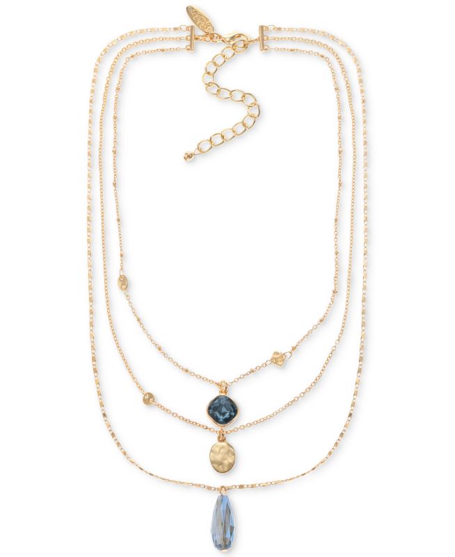 Photo 1 of Style & Co Gold-Tone Hammered Disc, Color Stone & Briolette Bead Layered Pendant Necklace, 16 + 3 Extender, Created for Macy's - Blue