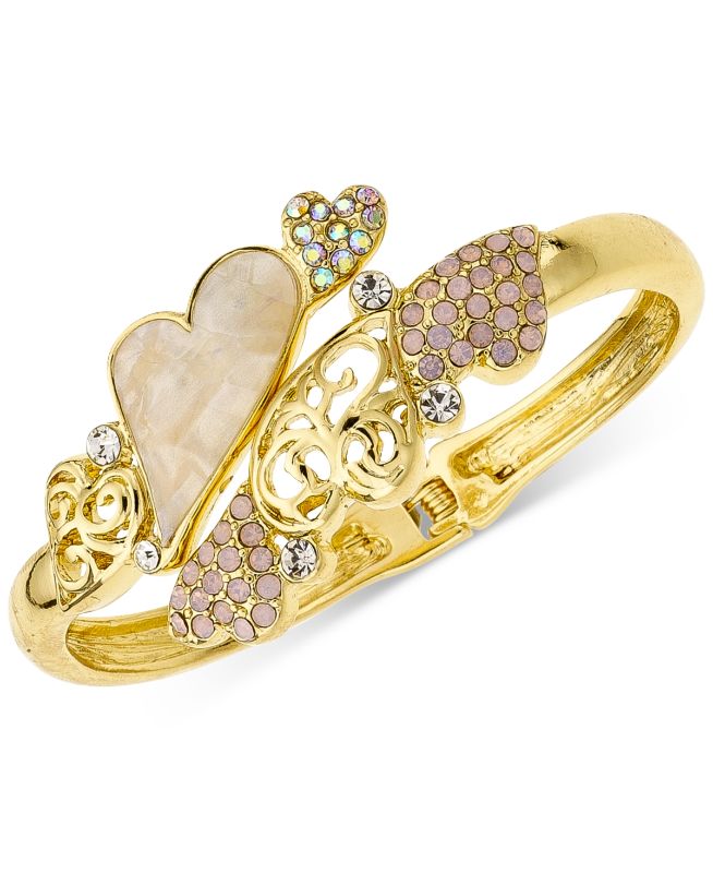 Photo 1 of Holiday Lane Gold-Tone Filigree, Pave & Mother-of-Pearl Heart Bangle Bracelet,