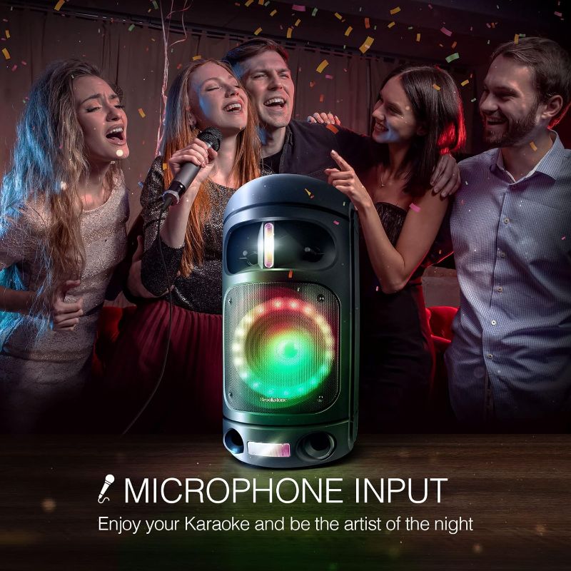 Photo 4 of BROOKSTONE Rumble Tower Wireless LED Speaker with Bluetooth. Product dimensions- 11.75" L x 7" W x 19" H. Multicolor LED lights. Built-in microphone jack let's you sing karaoke to your favorite tunes. Every charge lasts 3 hours, so you don't need to worry