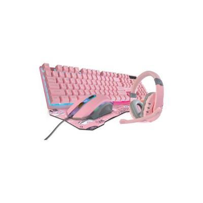 Photo 1 of  4-in-1 Pro Gaming Kit Bundle. The Pink Pro Gaming Kit includes headphones, a keyboard, a mouse, and a mousepad with LED lights.