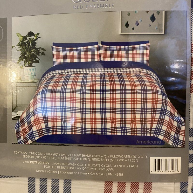 Photo 1 of 8 Piece Queen Bed Ensemble Americana Plaid Multicolor , includes:  1 Comforter- 2 pillow shams- 2 pillow cases  1 Bedskirt- Flat Sheet- 1 Fitted Sheet-