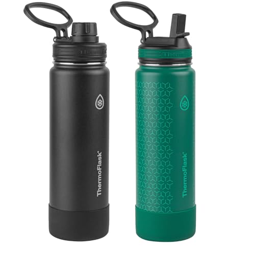 Photo 1 of Thermoflask 24oz Stainless Steel Insulated Water Bottles with Straw and Spout Lids, 2-pack, Black/Malachite