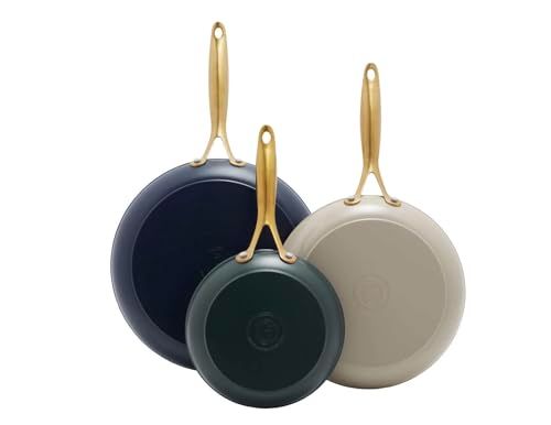 Photo 1 of GreenPan Reserve Hard Anodized Healthy Ceramic Nonstick, 8" 10" and 12" 3 Piece Frying Pan Skillet Set Color Pack (Twilight Blue, Cream, Forest Green). GreenPan’s Thermolon healthy ceramic nonstick coating is free of PFAS, PFOA, lead, and cadmium, so it w