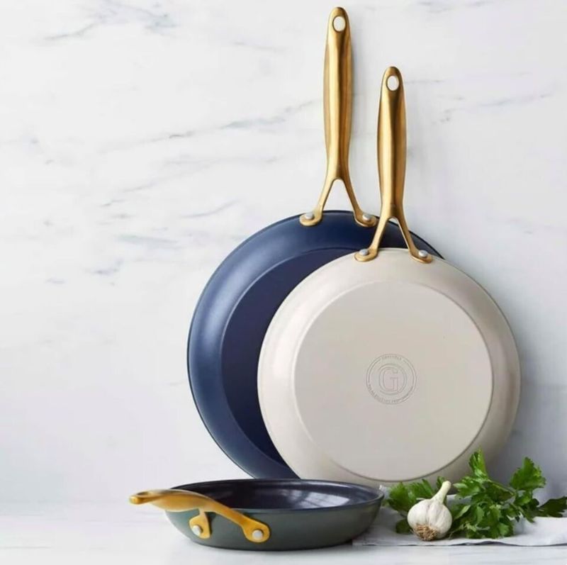 Photo 3 of GreenPan Reserve Hard Anodized Healthy Ceramic Nonstick, 8" 10" and 12" 3 Piece Frying Pan Skillet Set Color Pack (Twilight Blue, Cream, Forest Green). GreenPan’s Thermolon healthy ceramic nonstick coating is free of PFAS, PFOA, lead, and cadmium, so it w