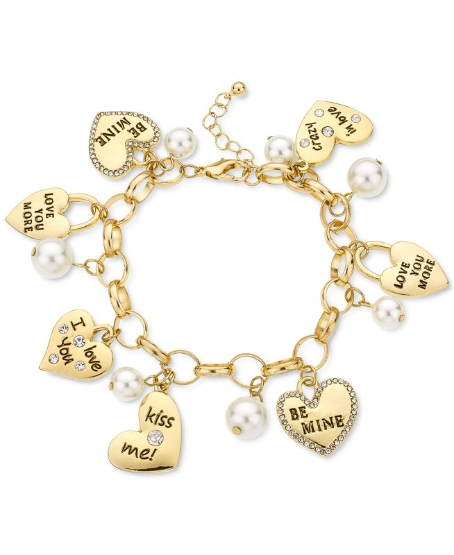 Photo 1 of VALENTINE Holiday Lane Gold-Tone Pavé Valentine Heart & Imitation Pearl Charm Bracelet
