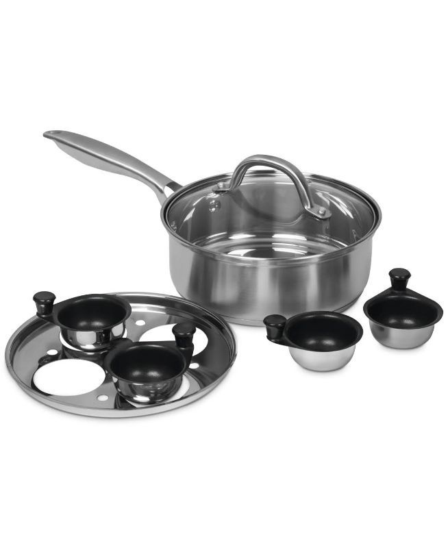 Photo 1 of Sedona Stainless Steel Pro 7-Pc. Egg Poacher Set - Silver. Includes 1.7-qt. sauté pan, glass lid, removable tray and (4) nonstick egg cups
Approx. dimensions: 15"L x 2.95"W x 5.5"H. 5-layer encapsulated base delivers rapid and even heat distribution. Rive