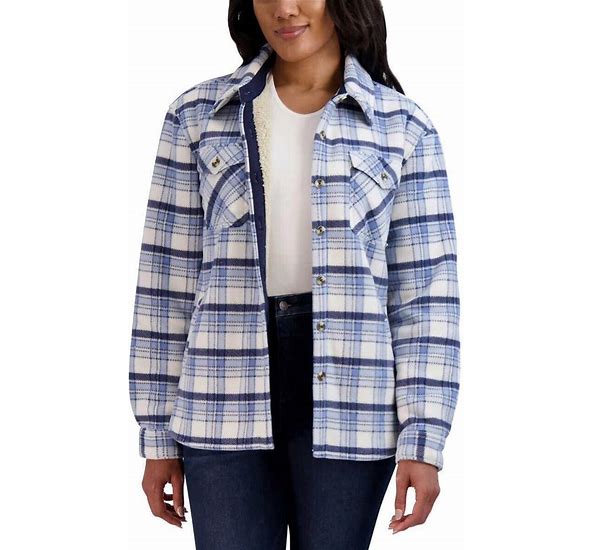 Photo 1 of SIZE M Sage Women's Plaid Super Plush Sherpa Lined Fleece Shirt Jacket, Blue,