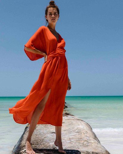 Photo 1 of Juniors SIZE LARGE Billabong Women's Maxi Dresses SUNSET - Sunset Red Forever Fine Sheer V-Neck Maxi Dress - 