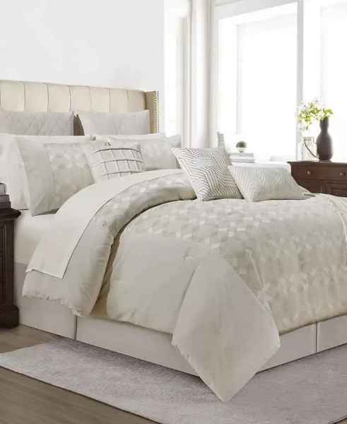 Photo 1 of QUEEN SIZE  Sunham Eclipse 14-Pc. QUEEN Comforter Set - Champagne, Set includes: comforter (90" x 90"), two shams (20" x 26"), two Euro shams (26" x 26"), dust ruffle (60" x 80" x 14"), three decorative pillows (18" x 18, 16" x 16", 12" x 18"), one throw 
