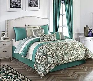 Photo 1 of REINA7-K Reina Collection Bedroom Comforter Complete 7 Piece Set, King, The set includes: comforter, 2 pillow shams, 3 dec pillows and bedskirt