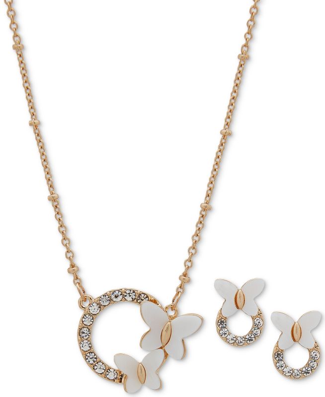 Photo 1 of Lonna & Lilly Gold-Tone Pave Ring & Mother-of-Pearl Butterfly Pendant Necklace & Drop Earrings Set - White