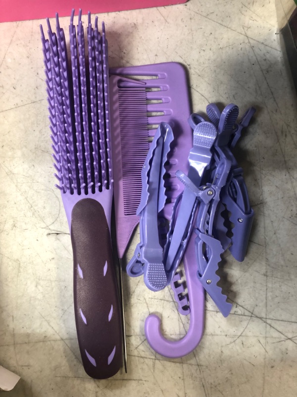 Photo 2 of  Brush Set, MORGLES Detangling Hair Brush for Black Natural Hair Wide Tooth Comb with Rat Tail Comb 5PCS Alligator Clips for Men Women Kids(Purple)