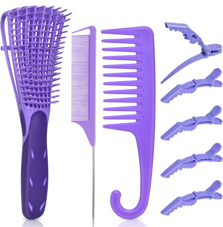 Photo 1 of  Brush Set, MORGLES Detangling Hair Brush for Black Natural Hair Wide Tooth Comb with Rat Tail Comb 5PCS Alligator Clips for Men Women Kids(Purple)