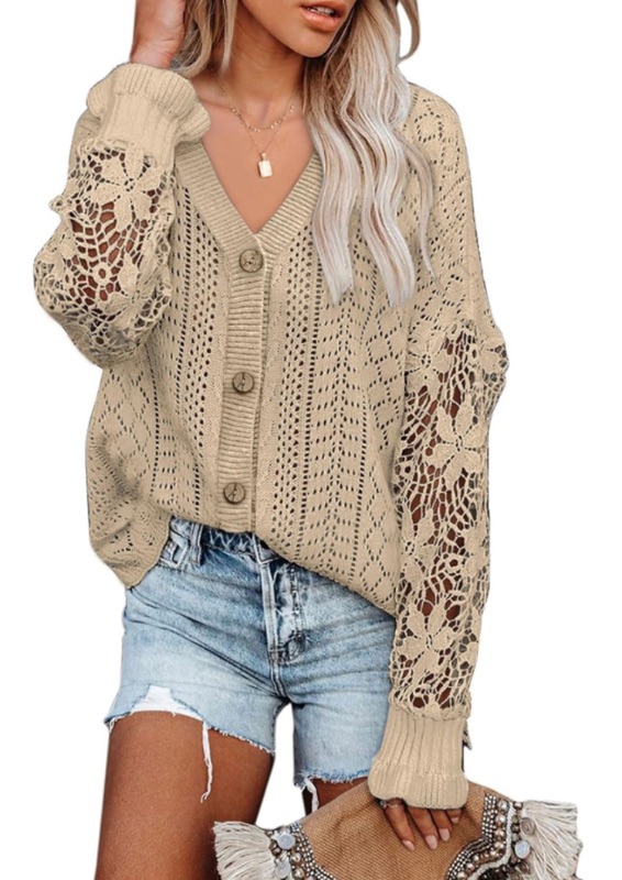 Photo 1 of AlvaQ Womens Lightweight Lace Crochet Cardigan Sweater Kimonos Casual Oversized Open Front Button Down Knit Outwear XL