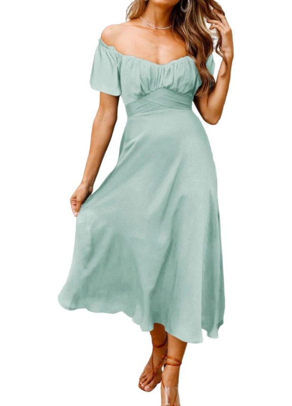 Photo 1 of FARYSAYS Women's Off The Shoulder Ruffle Short Sleeve Wrap Ruched Smocked A Line Tie Back Midi Dress Medium