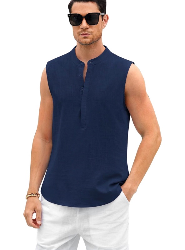 Photo 1 of Aoysky Men Tank Top Henley Shirts Sleeveless Cotton Linen Casual Summer Beach Hippie Tops Button Tunic Large