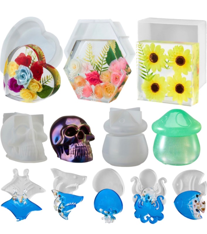 Photo 1 of 10Pcs Large Epoxy Resin Molds Silicone Kit, Including Deep Hexagon, Heart, Square, Jar, Skull, Marine Animals ?Silicone Molds for Epoxy Resin Crafts, Flower Preservation, Bookends,DIY Resin Art(pieces missing)