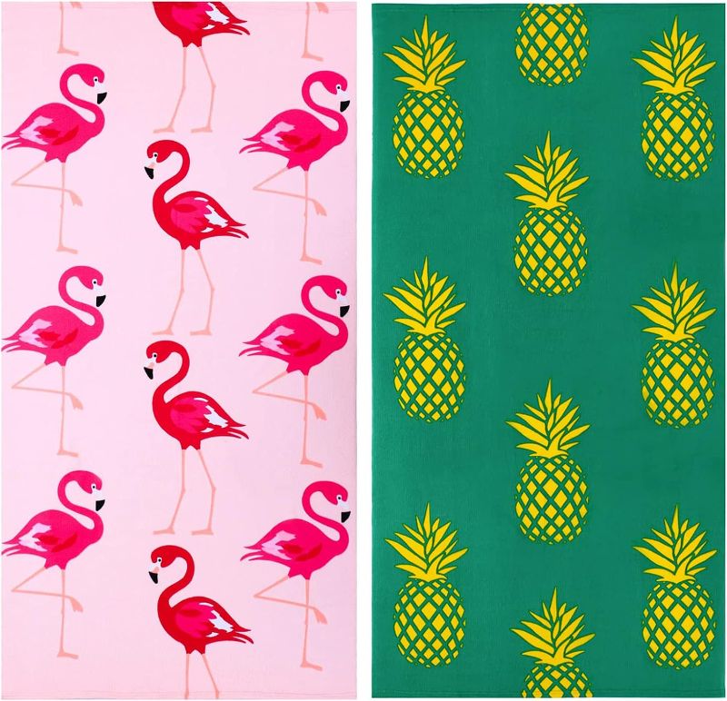 Photo 1 of 2 Packs Oversized Beach Towel Set, 36 x 70 In Xl Extra Large Jumbo Big Soft Clearance Pool Swim Travel Camping Towels Blanket Bulk for Adult Women Men Cruise Lounge Cover Gift Flamingo Pineapple
