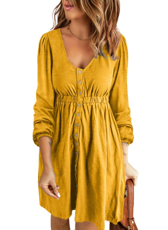 Photo 1 of BLENCOT 2022 Casual Dresses for Women Crew Neck Long Sleeve Button Down Swing Short Dress Long Sleeve Yellow XL