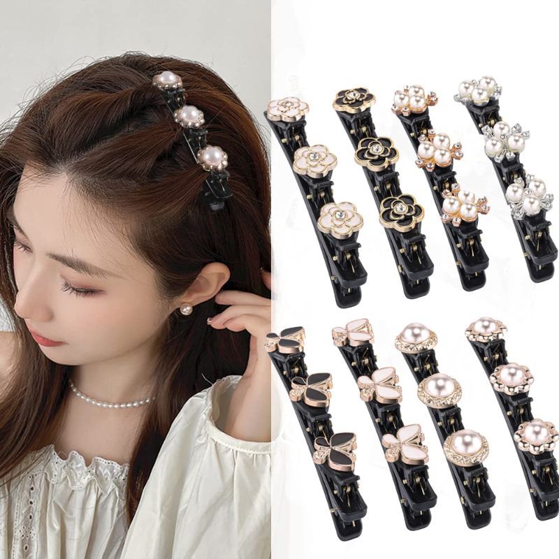 Photo 1 of 8PCS Braided Hair Clips for Women, Sparkling Crystal Stone Braided Hair Clip with Rhinestones for Women and Girls, Satin Fabric Hair Bands Chopped Hairpin Duckbill Clip with 3 Small Clips
