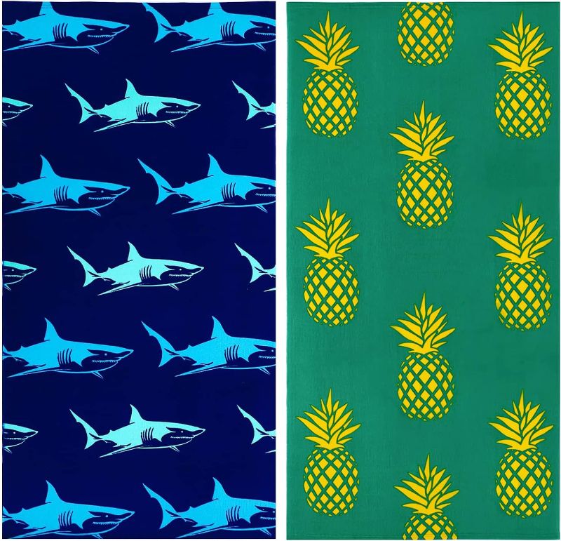 Photo 1 of 2 Packs Oversized Beach Towel Set, 36 x 70 In Xl Extra Large Jumbo Big Soft Clearance Pool Swim Travel Camping Towels Blanket Bulk for Adult Women Men Cruise Lounge Cover Gift Shark Pineapple
