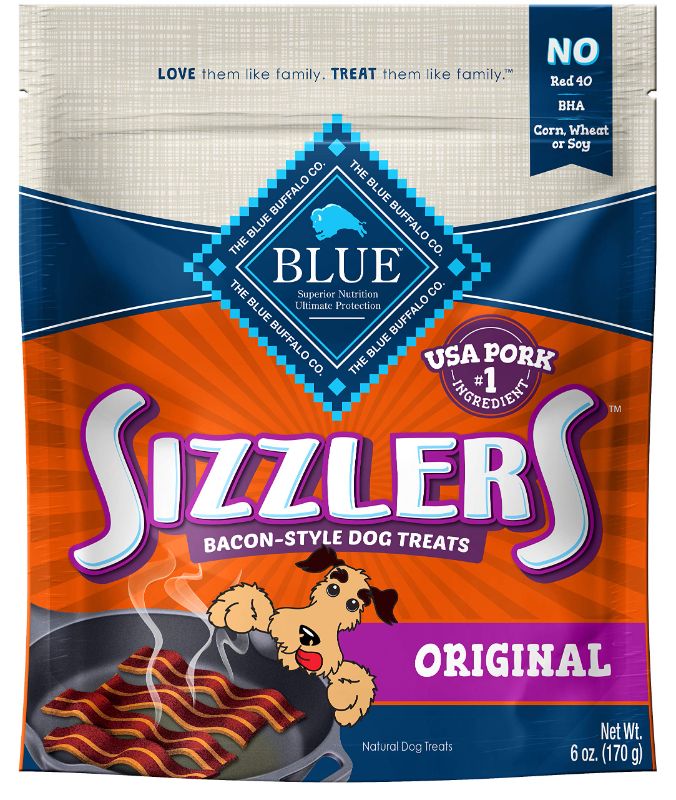 Photo 1 of 2 PCK Blue Buffalo Sizzlers Natural Bacon-Style Soft-Moist Dog Treats, Original Pork 6-oz Bag 
EXP NOV 2023