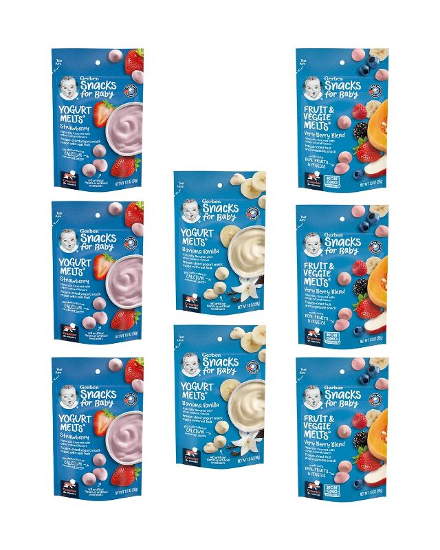 Photo 1 of Gerber Snacks for Baby Variety Pack, Yogurt Melts & Fruit & Veggie Melts, 1 Ounce Pouch (Set of 8) EXP NOV 17 2023