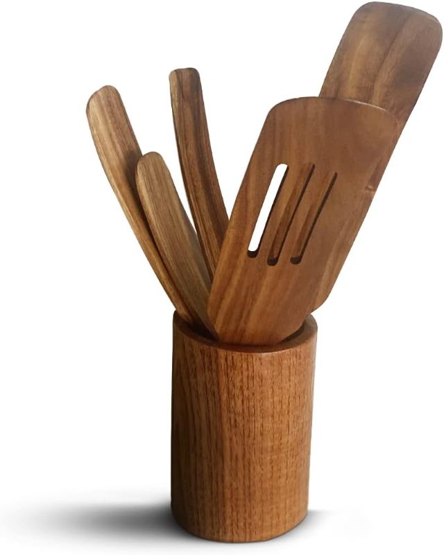 Photo 1 of 5 PC Spurtle Set , Spurtles Kitchen Tools with Round Wooden Holder , Wooden Spurtle Set Acasia Wood , Wooden Spurtle , Spurtle Set as Seen on TV , Spurtle Kitchen Tool , Wood Spurtles Kitchen Tools
