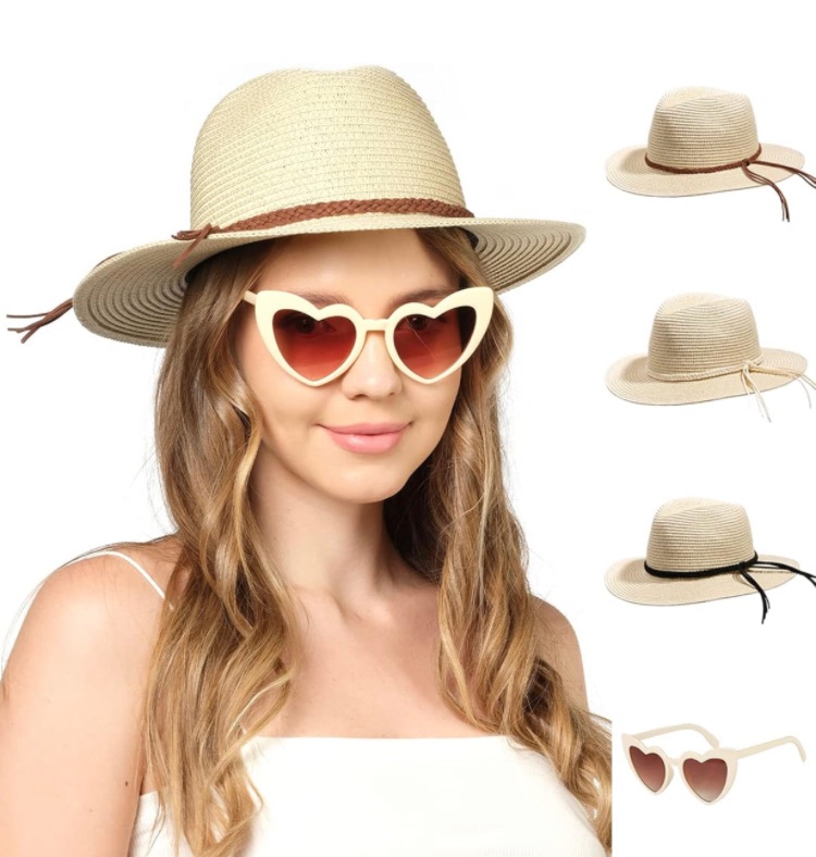 Photo 1 of Funcredible Beach Hats for Women - Panama Straw Sun Hat with Heart Shape Glasses - Fedora Packable Travel Hat UPF 50+