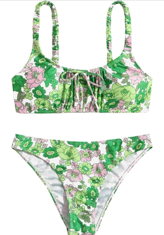 Photo 1 of Cozyease Women's 2 Piece Floral Swimsuit Knot Front Wireless Cute Bikini Set Large