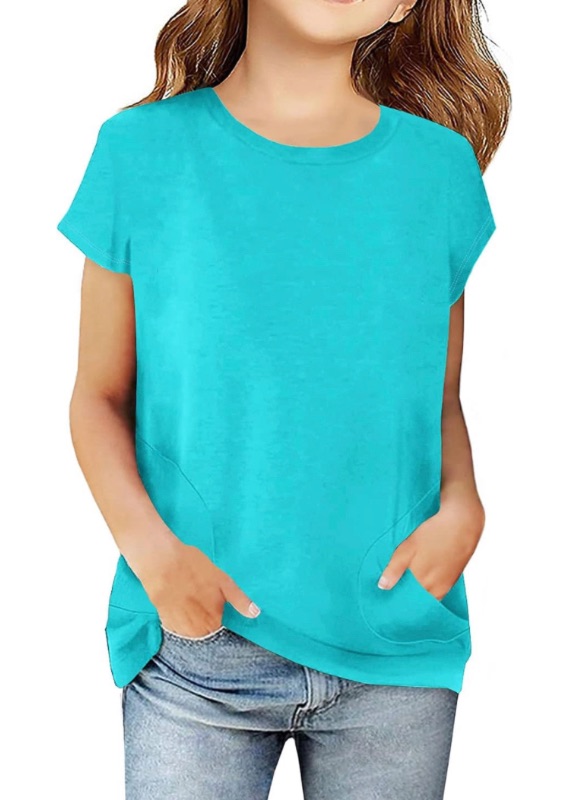 Photo 1 of Haloumoning Girls Casual Short Sleeve T Shirts Color Block Tee Blouse Kids Loose Tunic Tops with Pockets Size 7-8