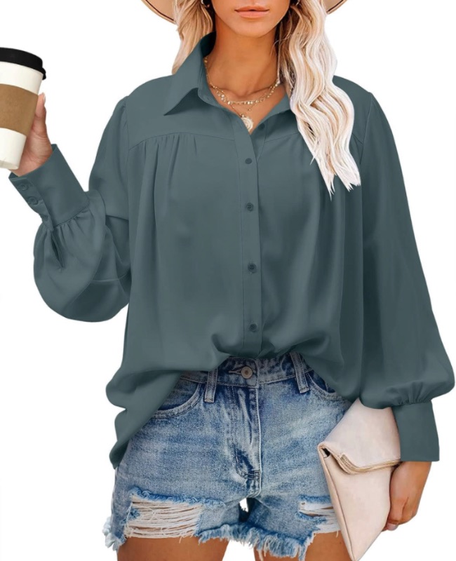 Photo 1 of KISSMODA Womens Button Down Shirt Puffy Long Sleeve Chiffon Casual Solid V Neck Blouse Loose Tops 2XL