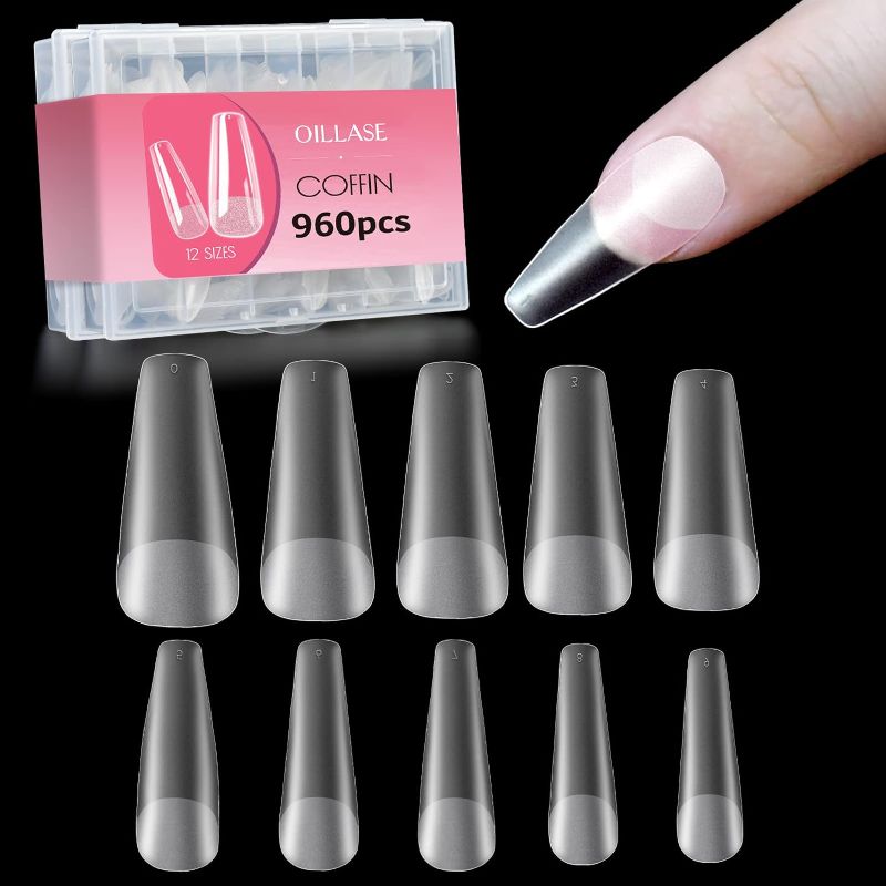 Photo 1 of 960pcs Coffin Nails Tips, 12 Size Clear Fake Nails, Medium Coffin Nail Tips Upgraded Matte, Soft Gel Nail Tips for Acrylic Nails Professional, Full Cover Ballerina Nail Tip Kit with Box for Women
