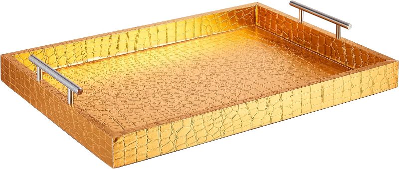 Photo 1 of American Atelier Alligator Rectangle Serving Tray with Handles, 14" x 19" x 3", gold