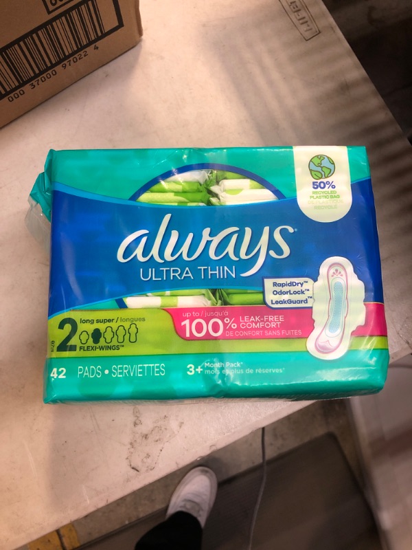 Photo 1 of Always Ultra Thin, Feminine Pads For Women, Size 2 Long Super Absorbency, With Wings, Unscented, 42 Count 42 Count (Pack of 1)
