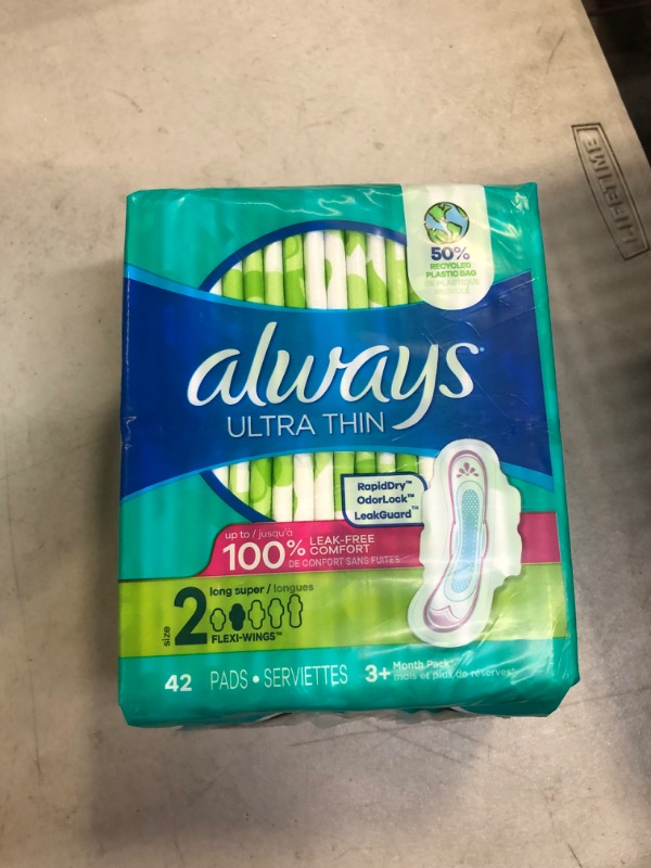 Photo 2 of Always Ultra Thin, Feminine Pads For Women, Size 2 Long Super Absorbency, With Wings, Unscented, 42 Count 42 Count (Pack of 1)