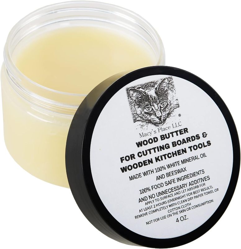 Photo 1 of Wood Butter 4 oz Cutting Board Wax Conditioner for Butcher Block and Wooden Kitchen Tools. Macy;s Place Food Grade Protective Mineral Oil and Beeswax for Wooden Cutting Boards, Surfaces, and Tools.
